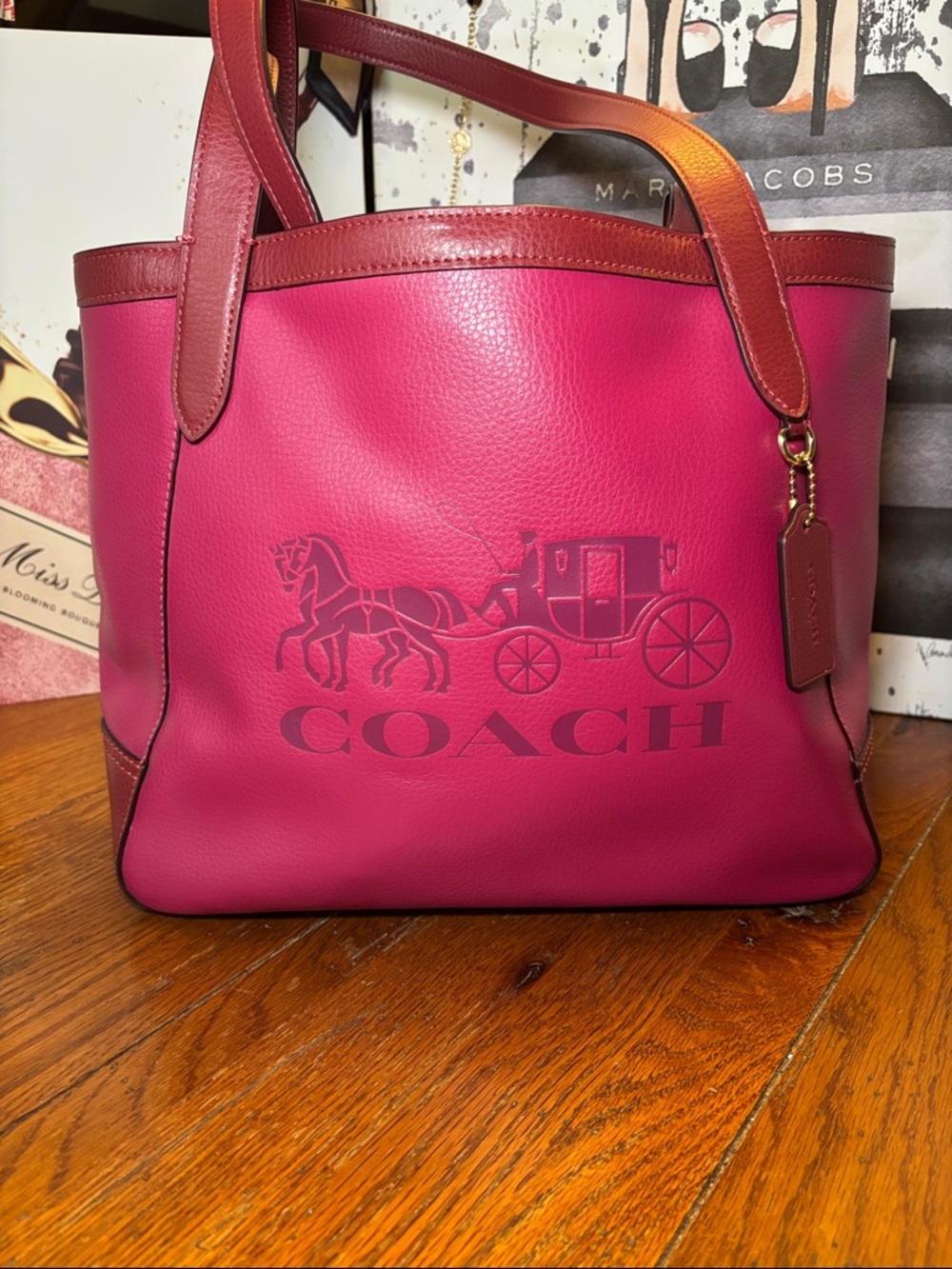 Coach Mollie Tote in Refined Pebble Leather with Horse & Carriage - Berry Multi